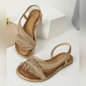 Verdusa Women's Boho Leaf Fringe Decor Flat Sandals – Apricot, Size 8, Slip-On